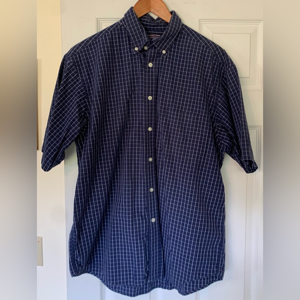 Roundtree & Yorke Men's Button Down Shirt Short Sleeve L Large Navy Blue White